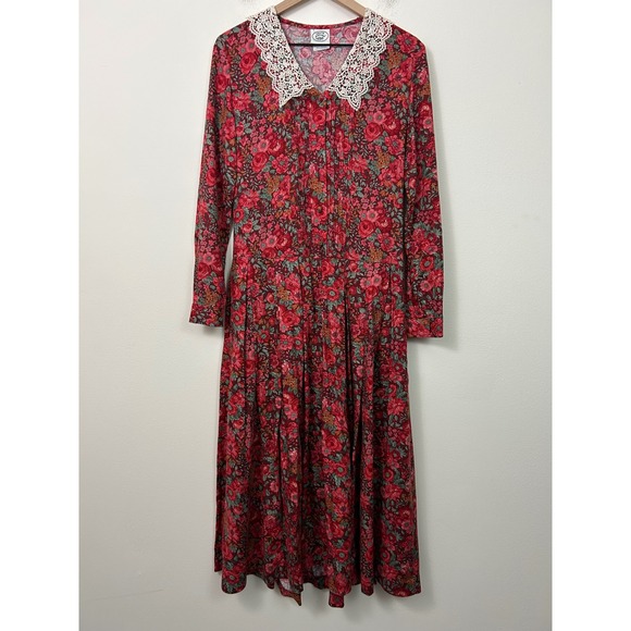 Laura Ashley Dresses & Skirts - Laura Ashley‎ Vintage Floral Lace Collar Midi Dress Red Wool Blend Sie 4